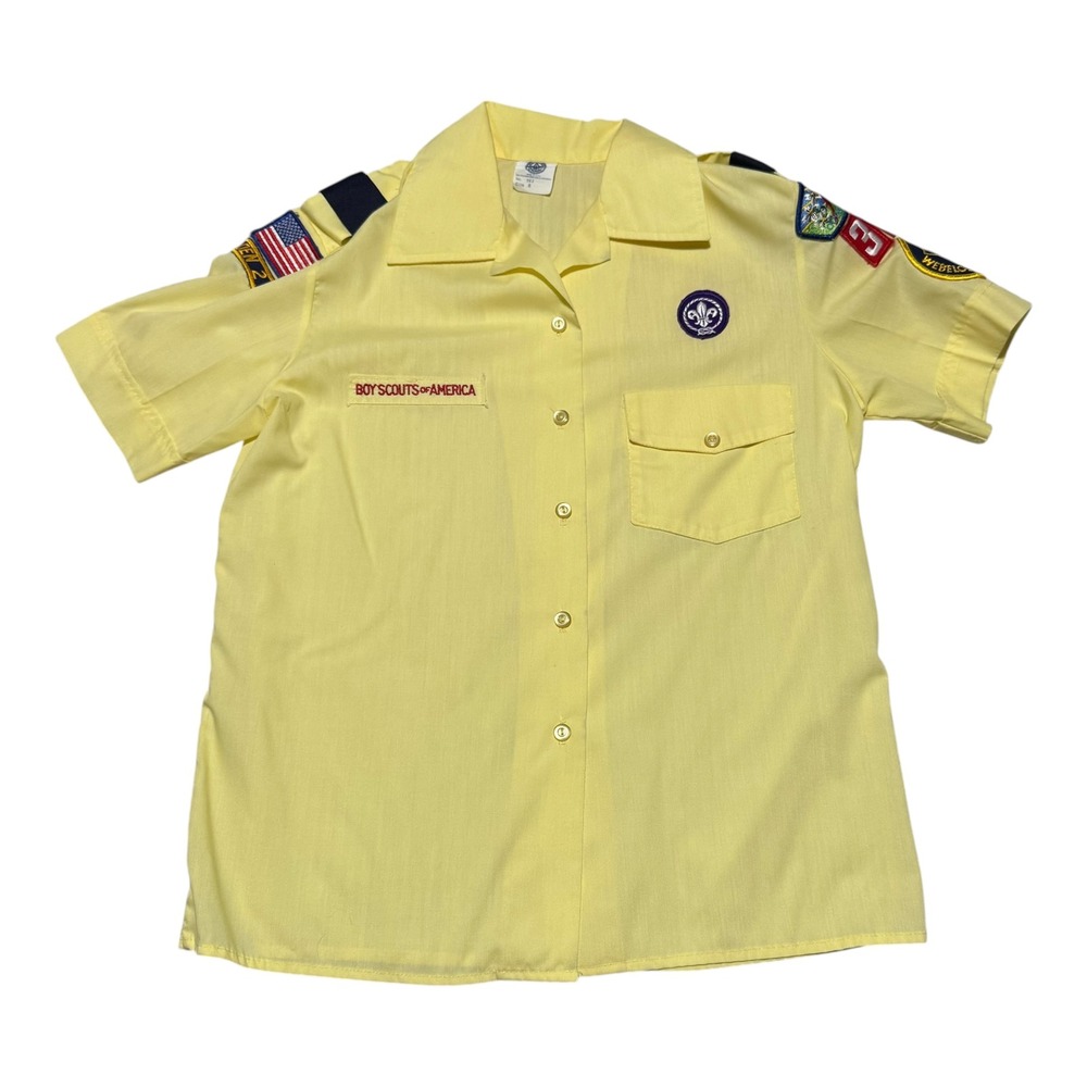 Vintage 60s Boy‎ Scouts of America Yellow Patches Button Up Shirt Women's 8